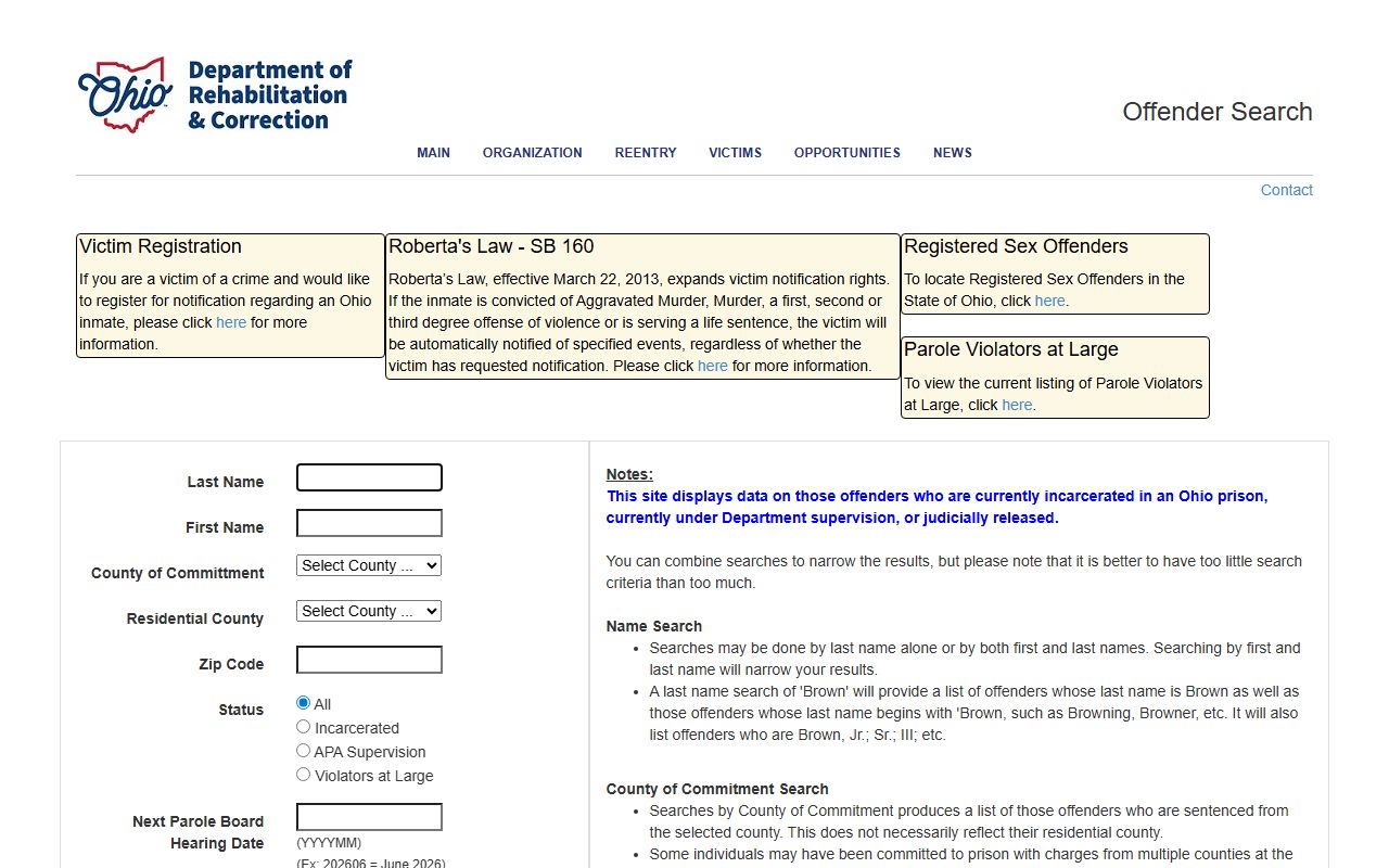 ODRC search page for sentenced Geauga County inmate population lookup